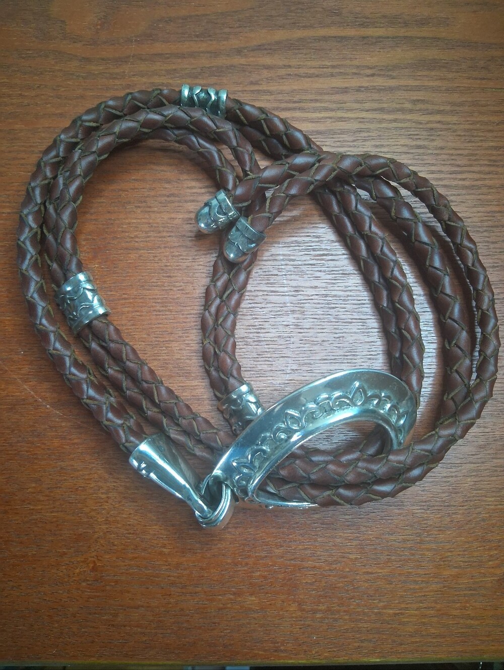 Brighton Double Braided Leather Lasso Loop Belt Brown with Silver Tone Buckle